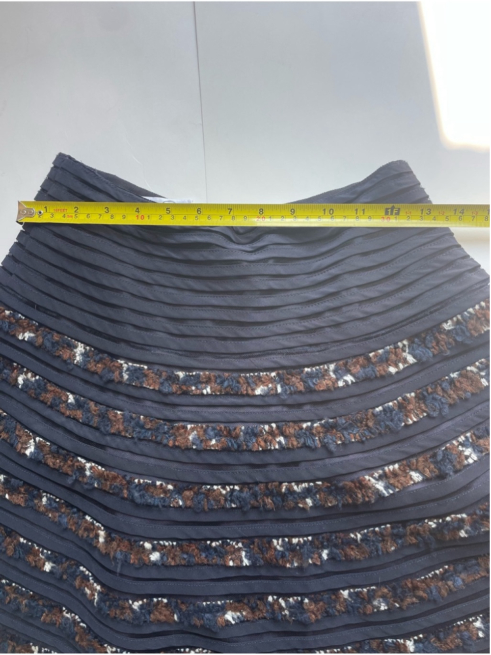 Oscar de la Renta Silk Lined Wool Blend Tweed Ribbon Midi Skirt Navy A Line Text - Picture 4 of 10